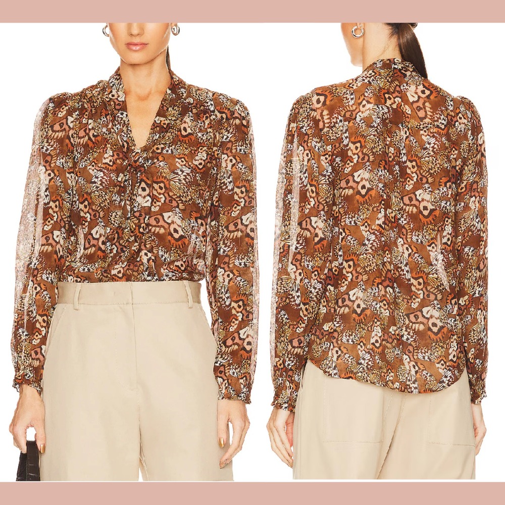 NWD $299 PAIGE [ XS ] Marcela Butterfly Print Silk Blouse in Cinnamon‎